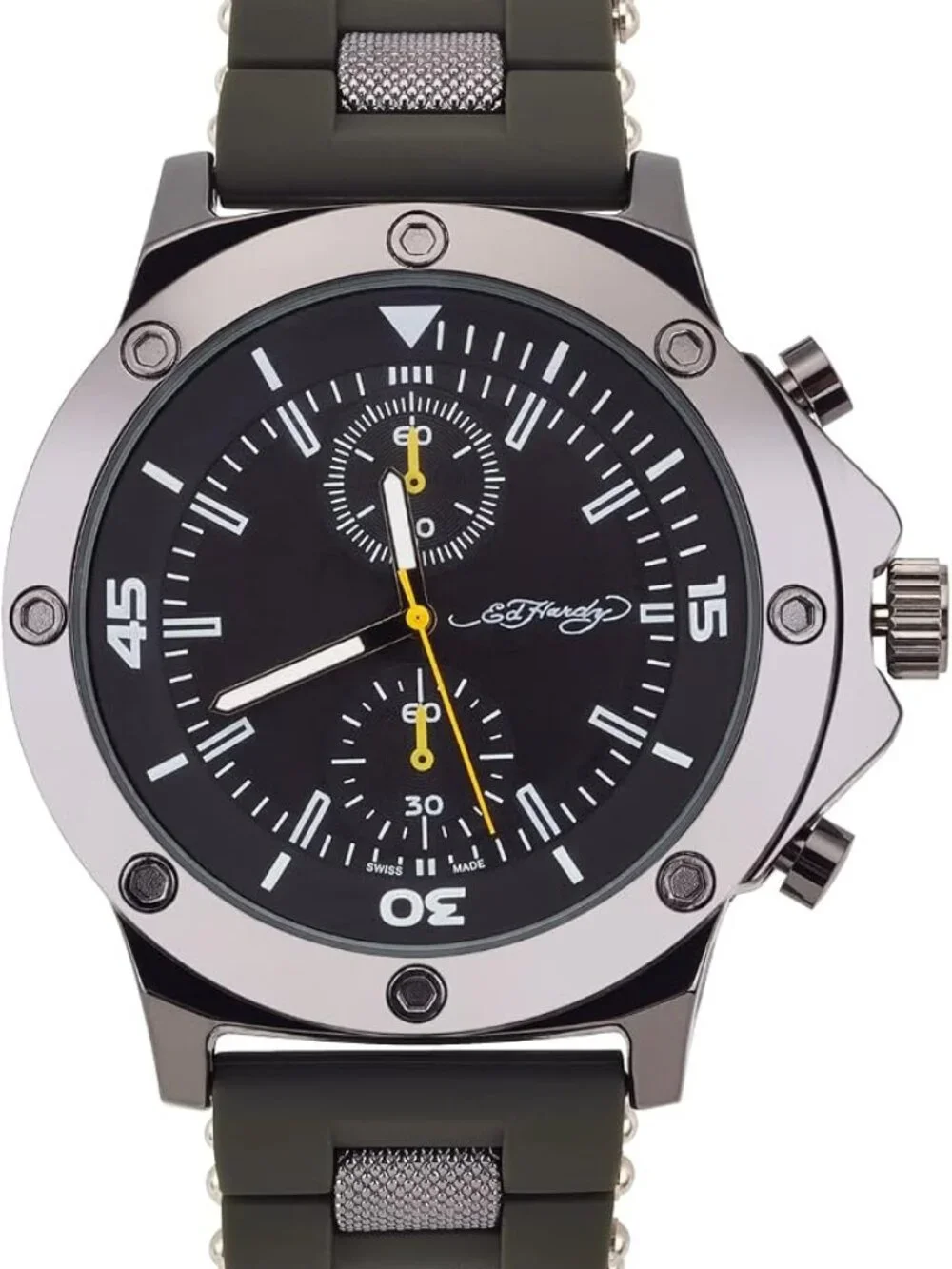 Ed Hardy Men's Gunmetal Watch Black Dial Green Silicone Strap Chronograph